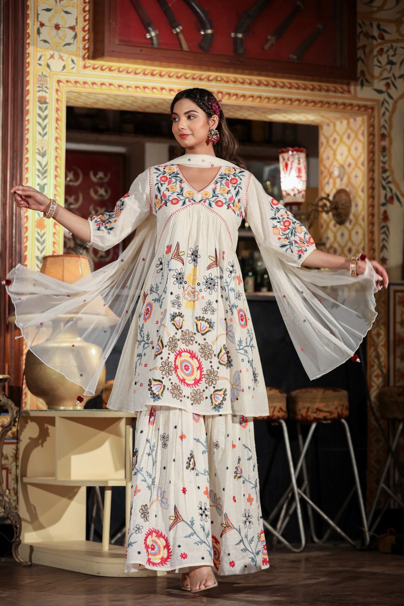 Garden Gala Cotton Embroidery Sharara Suit