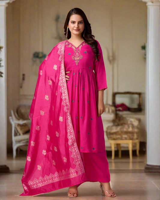 Elegance in Rani: Dola Silk Handcrafted Kurta Set