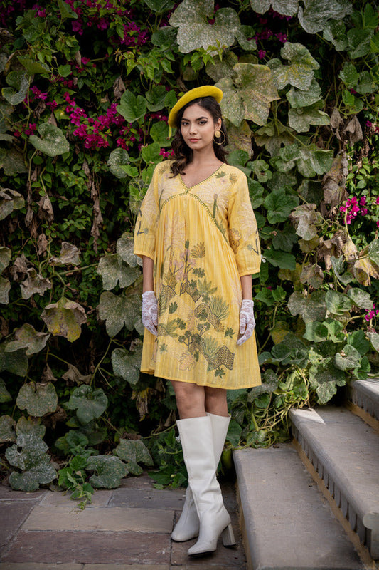 Honeydew Elegance: Embroidered Yellow Cotton Summer Dresses