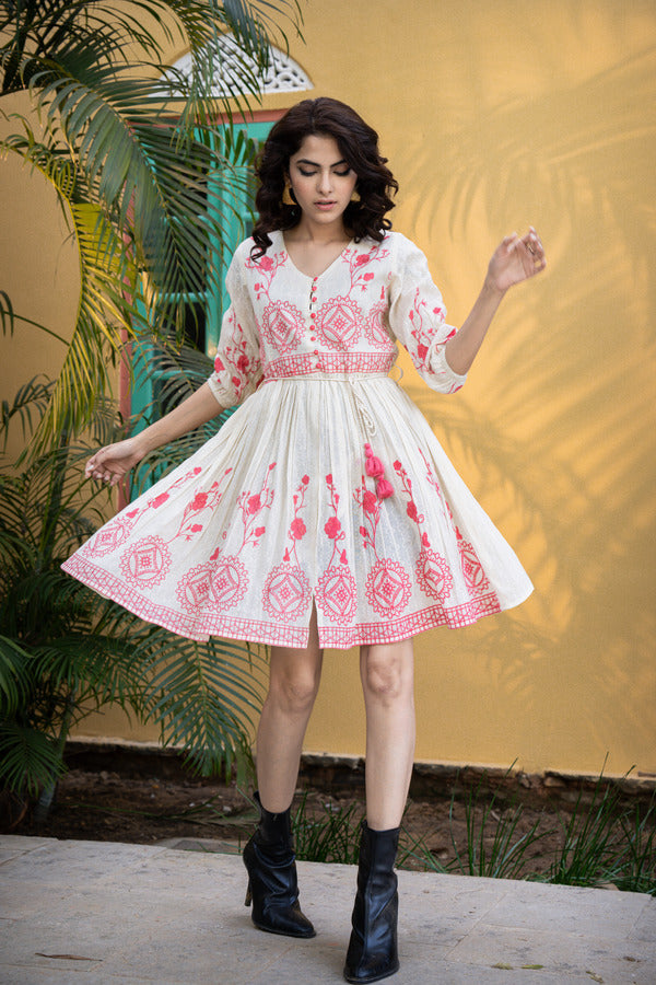 Angelic Threads: Stylish Embroidery White Cotton Dress